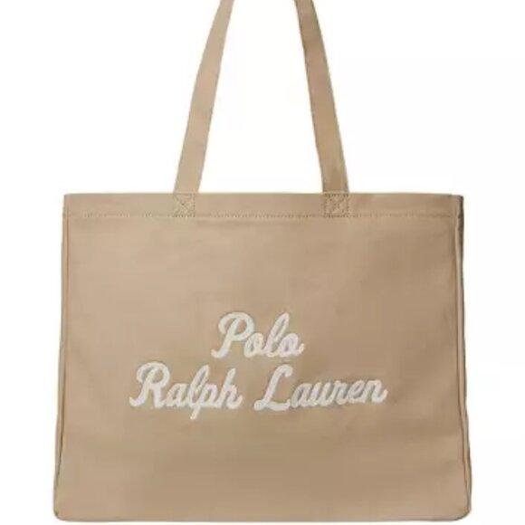Polo Ralph Lauren Embroidered Tan Canvas Tote NWT 4.5" H x 18" L x 6.25" D - Picture 1 of 4